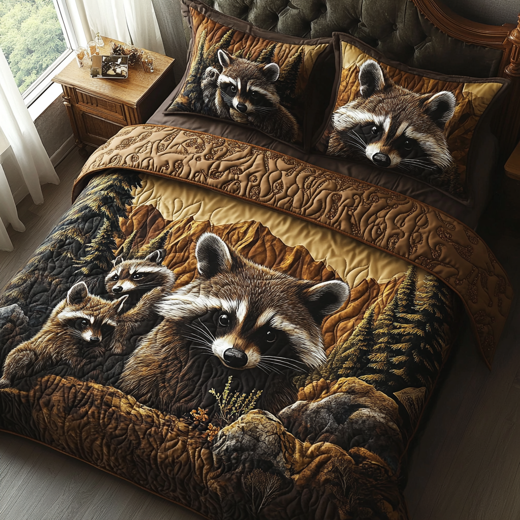 Raccoon Family 3-Piece Quilted Bedding Set NCU0DV4080