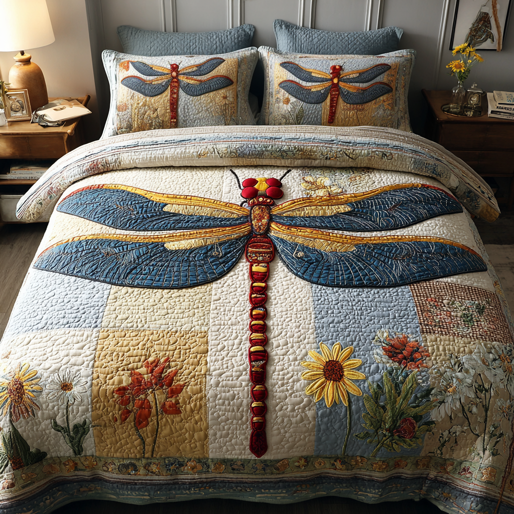 Radiant Dragonfly 3-Piece Quilted Bedding Set NCU0DK10736