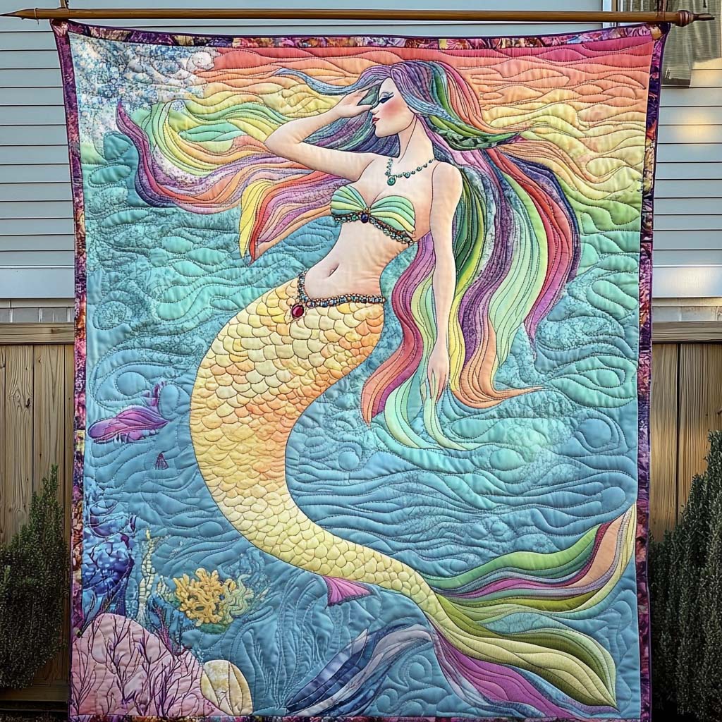 Rainbow Tresses Mermaid Quilted Blanket NCU0NT866