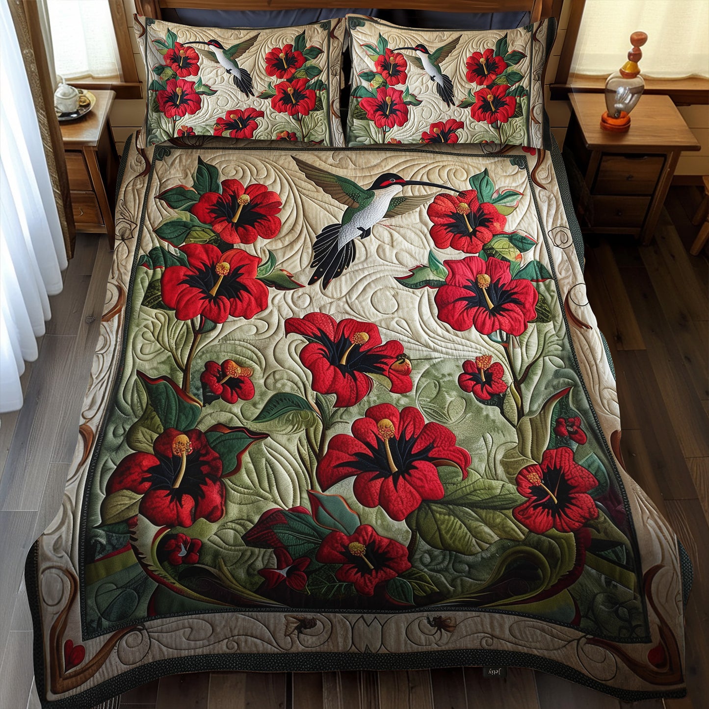 Red Bloom Radiance 3-Piece Quilted Bedding Set NCU0PT025