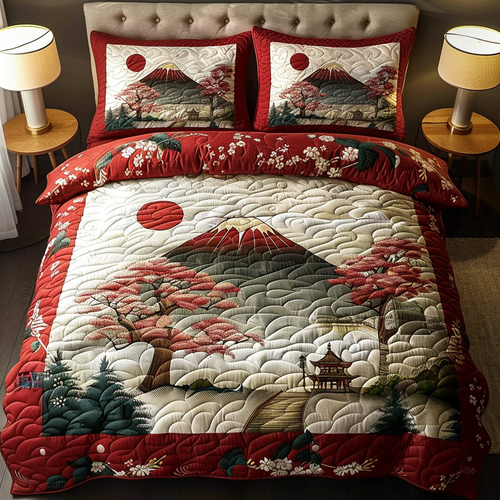 Red Japanese Pagoda 3-Piece Quilted Bedding Set NCU0DV5904