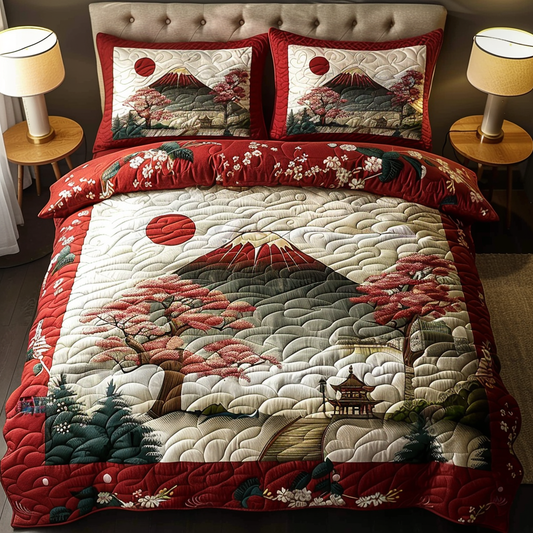Red Japanese Pagoda 3-Piece Quilted Bedding Set NCU0DV5904
