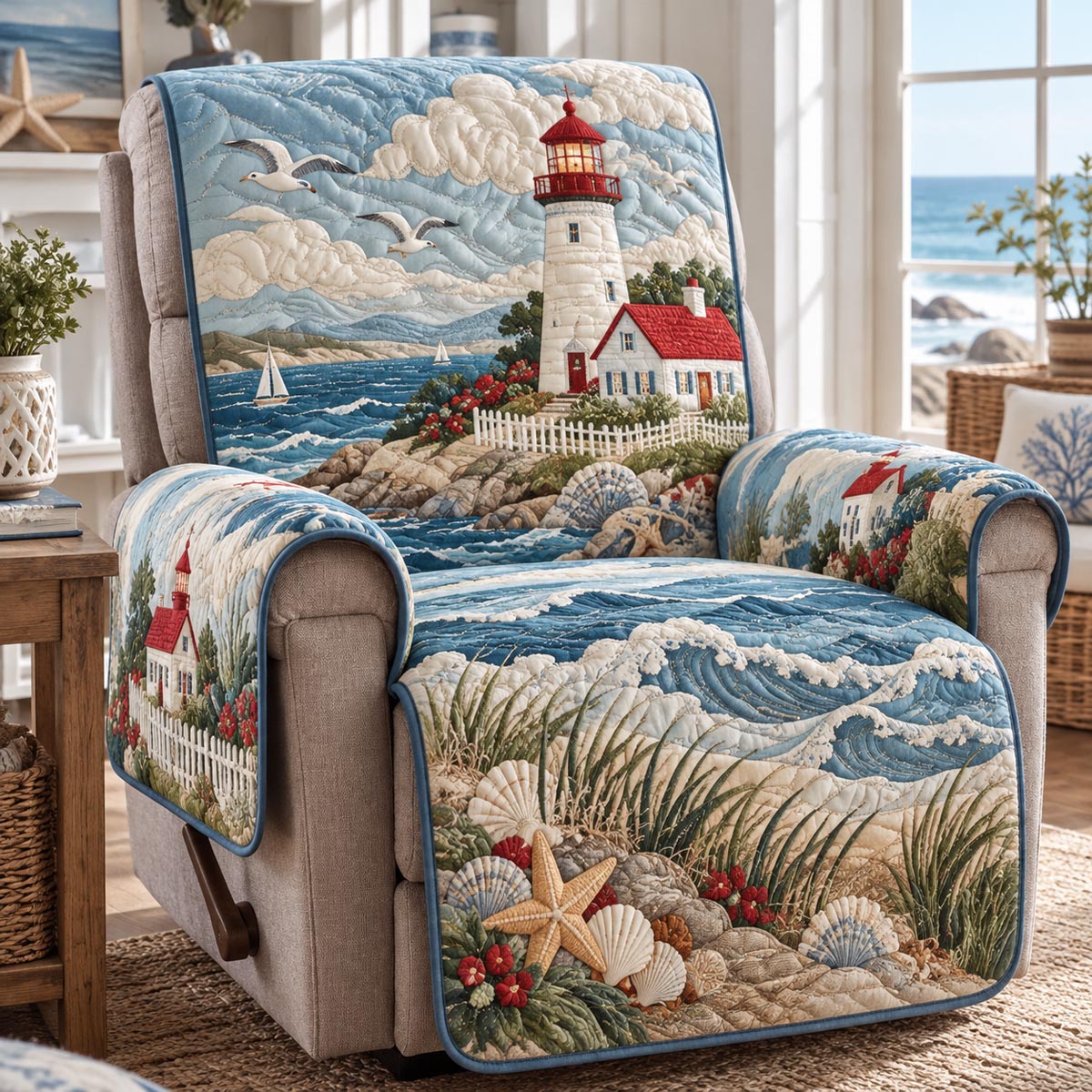 Red Lighthouse Shore Quilted Sofa Cover NCU0DV10326