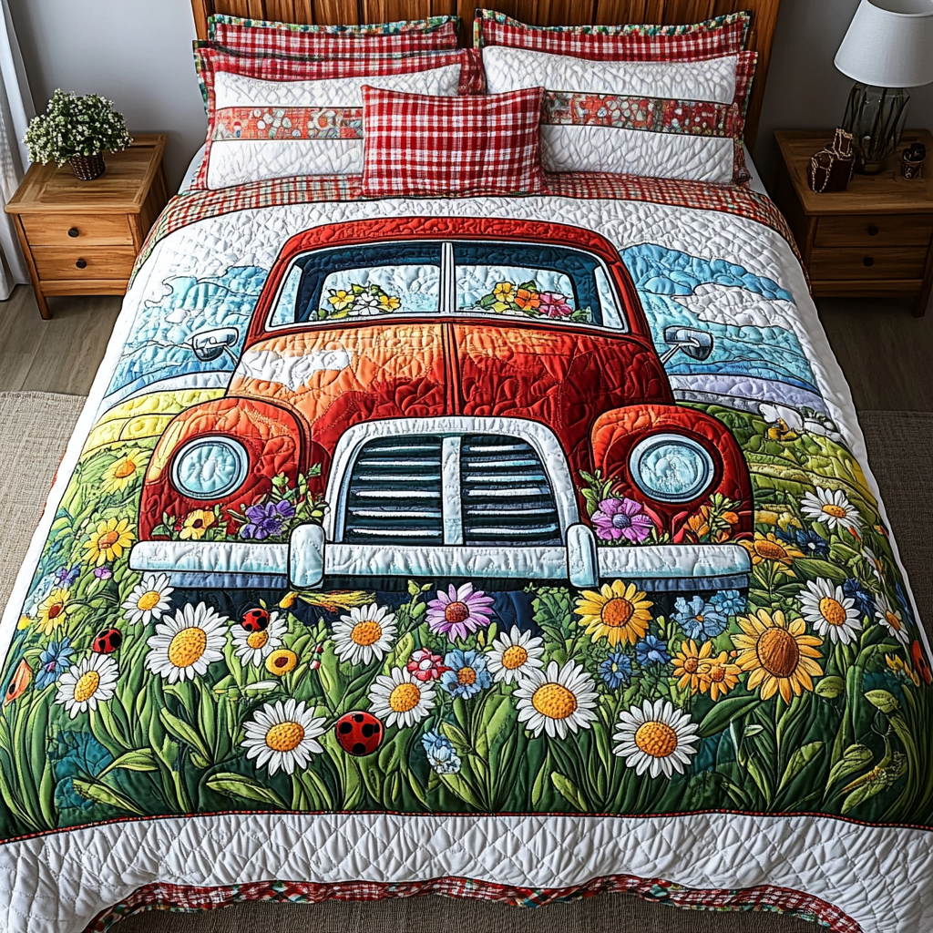 Red Truck Blooms 3-Piece Quilted Bedding Set NCU0DK5764