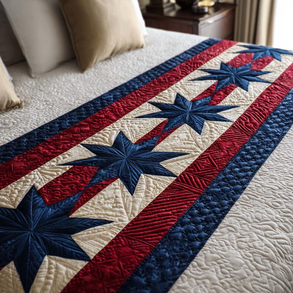 Red White Stars Quilted Bed Runner NCU0NT11488