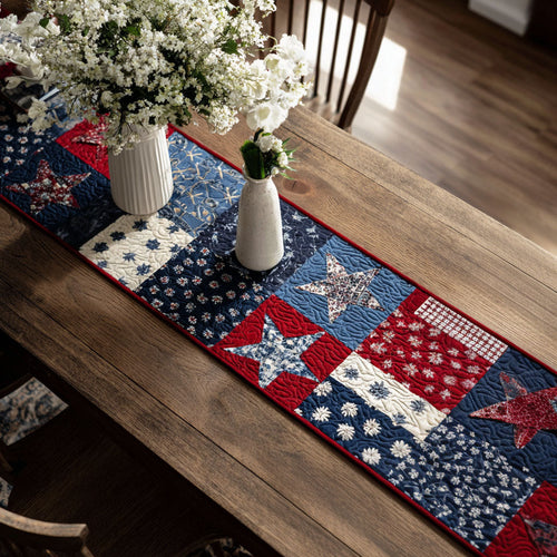 Red White and Blue Squares Quilted Table Runner NCU0PT7690