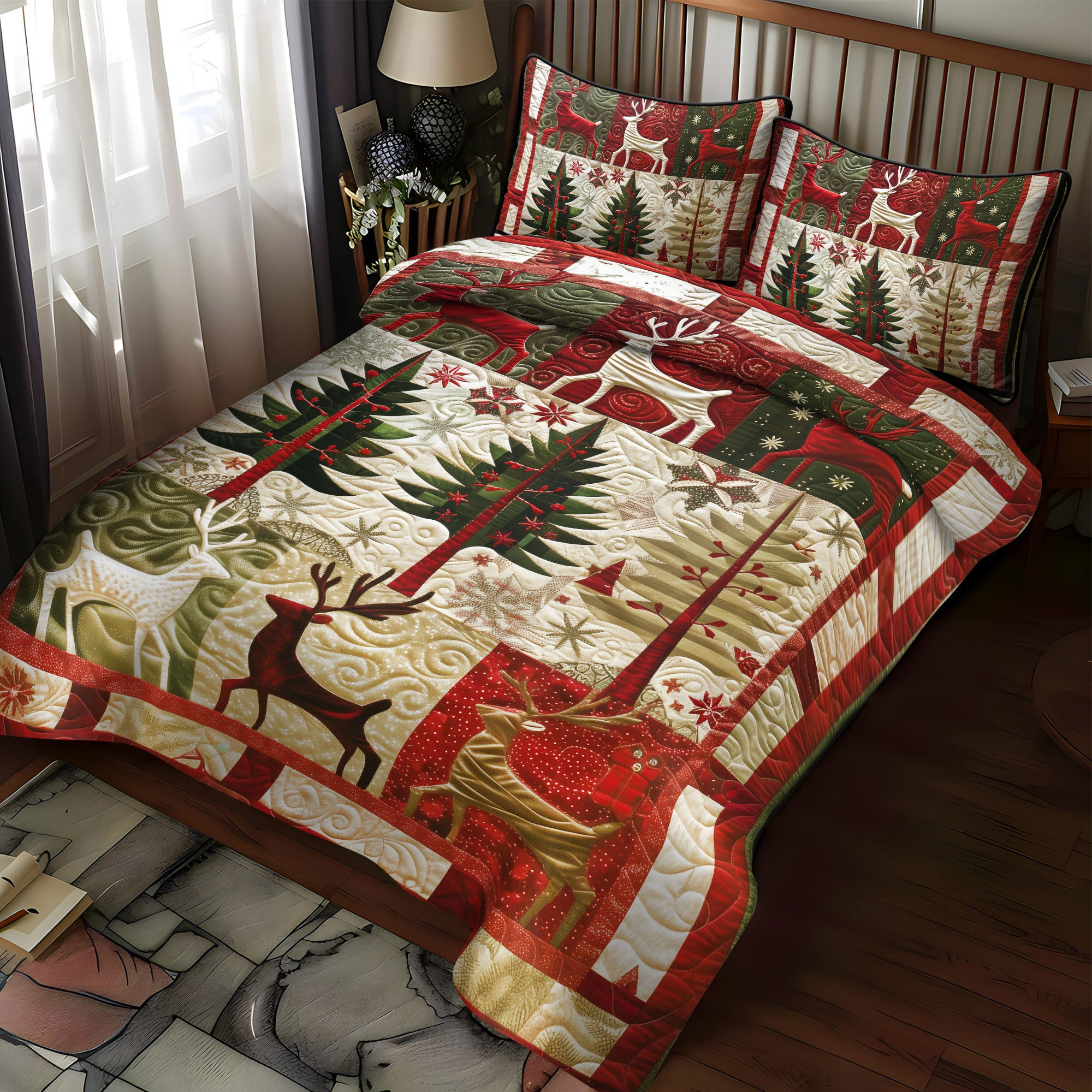 Yuletide Reindeer 3-Piece Quilted Bedding Set NCU0DV1017