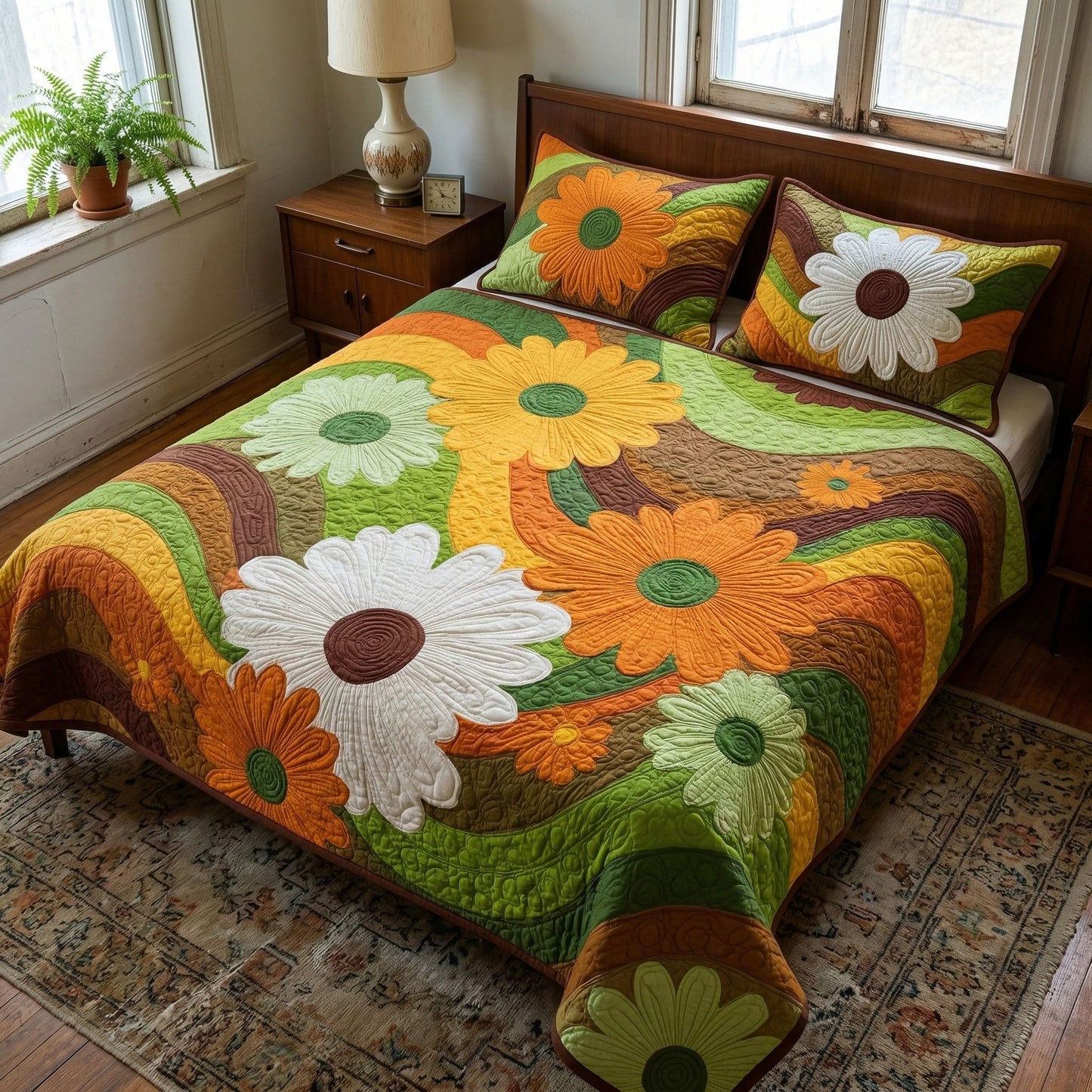 Retro Floral Waves 3-Piece Quilted Bedding Set NCU0NT12480