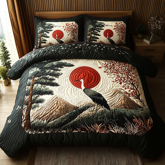 Retro Japanese Crane 3-Piece Quilted Bedding Set NCU0DV5918