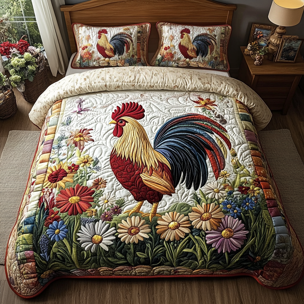 Rooster Garden 3-Piece Quilted Bedding Set NCU0VH5134