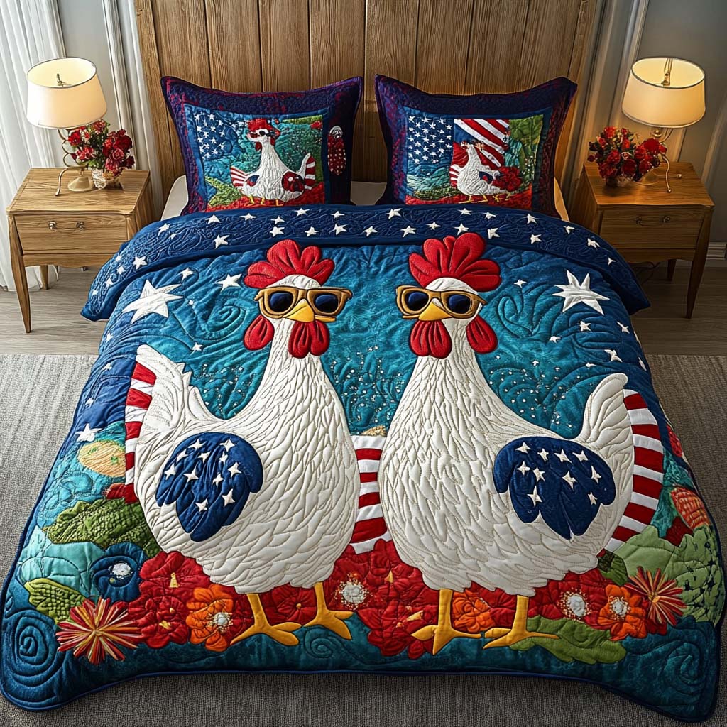 Rooster Parade 3-Piece Quilted Bedding Set NCU0NT7723