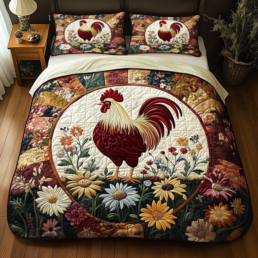 Rooster Parade 3-Piece Quilted Bedding Set NCU0VH5129