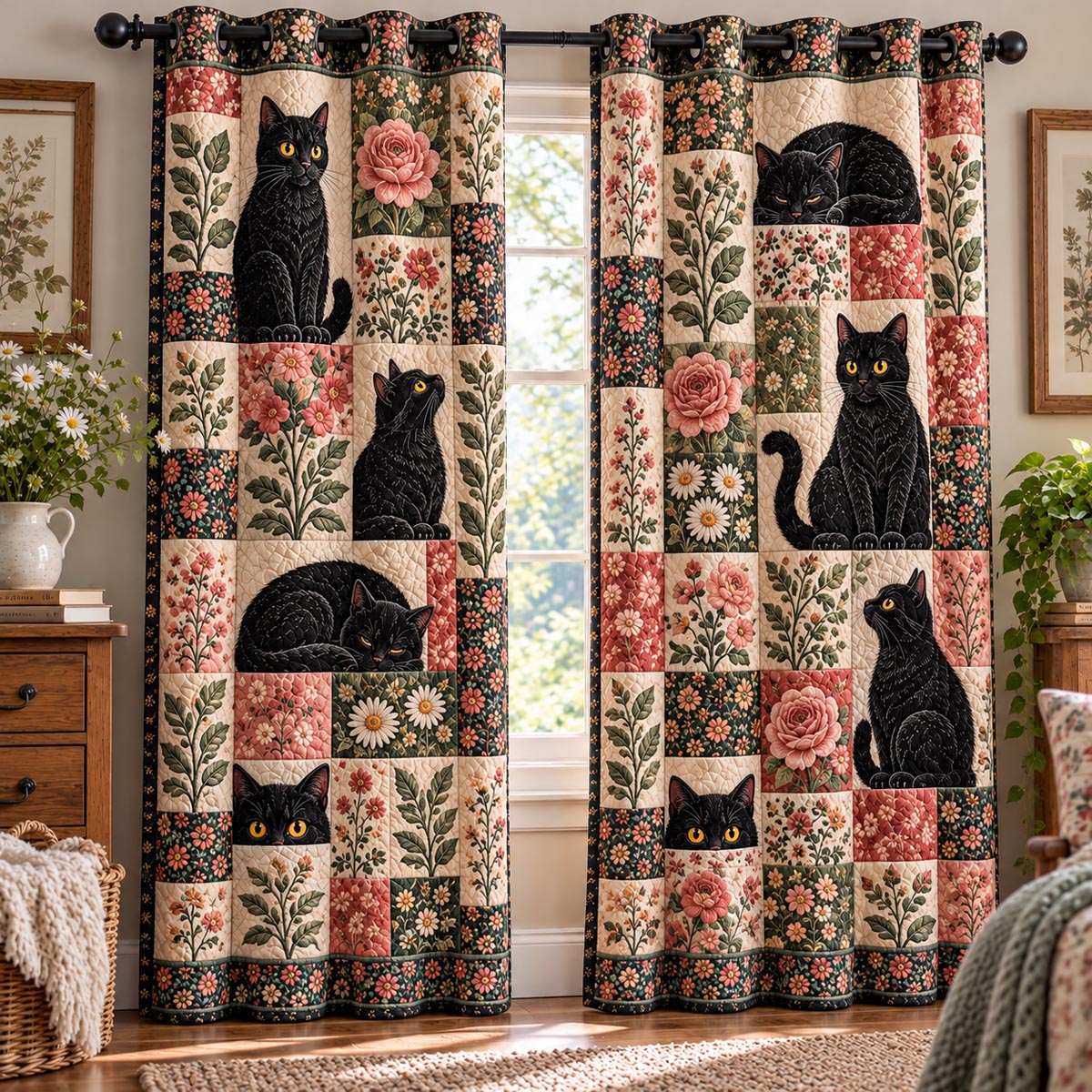 Rose Garden Black Cat Quilted Curtains NCU0DV10381