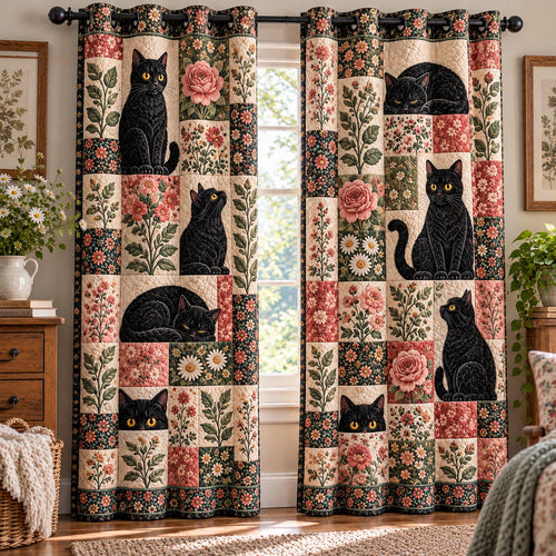Rose Garden Black Cat Quilted Curtains NCU0DV10381