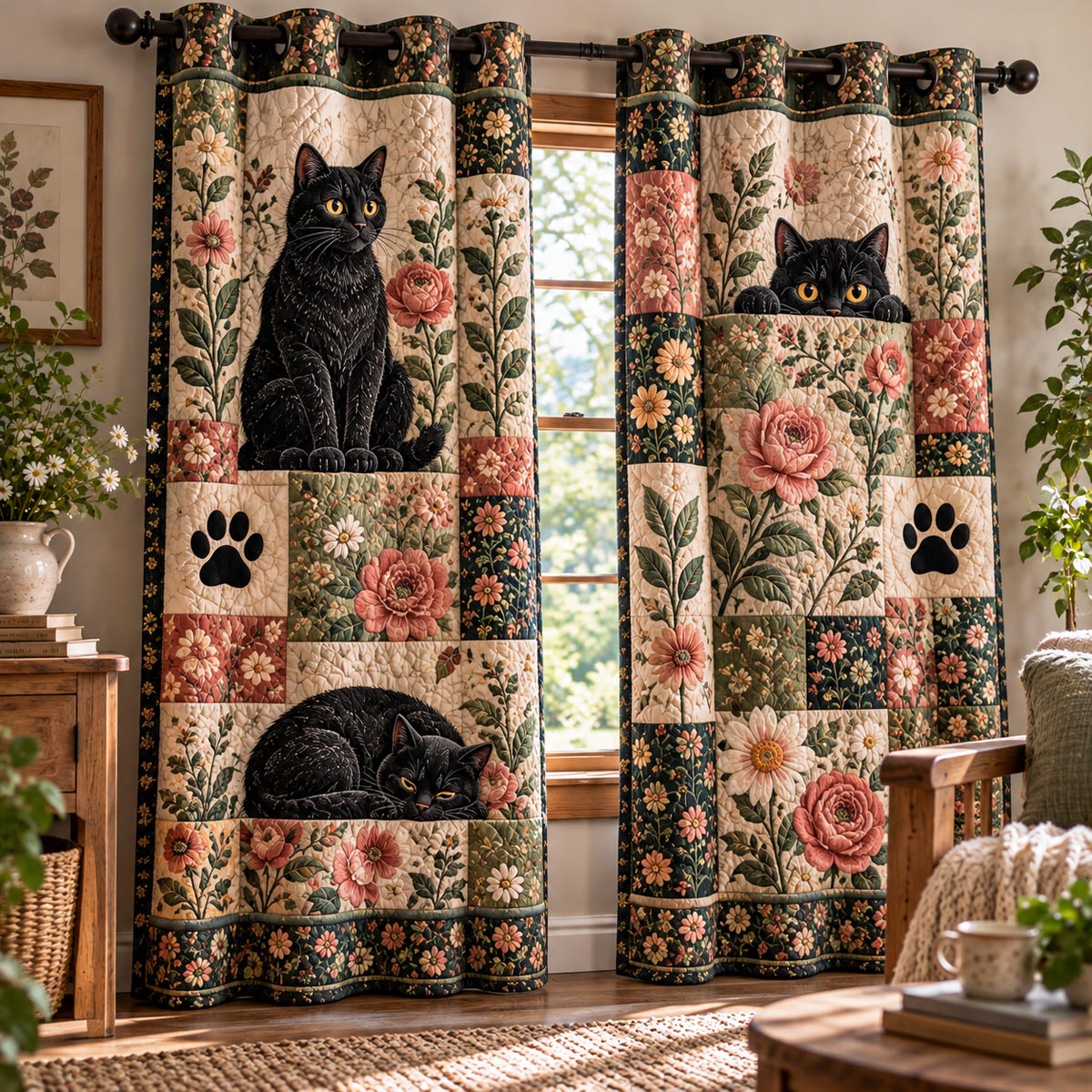 Rose Patch Black Cat Quilted Curtains NCU0DV10391