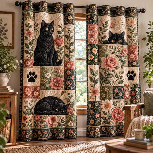 Rose Patch Black Cat Quilted Curtains NCU0DV10391