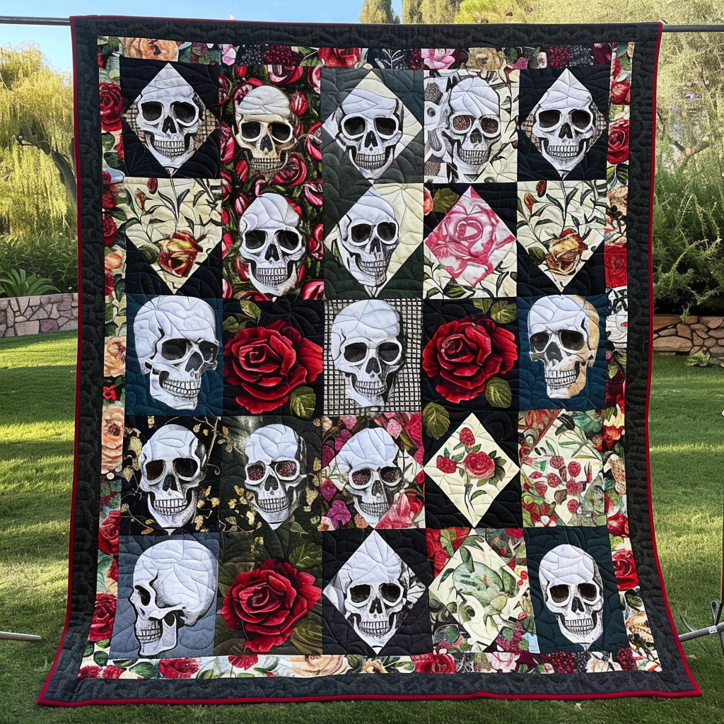 Roses Skulls Quilted Blanket NCU0TH509