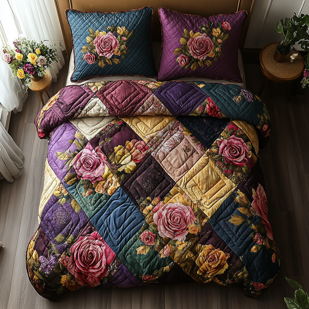 Rosy Patchwork 3-Piece Quilted Bedding Set NCU0DV4478
