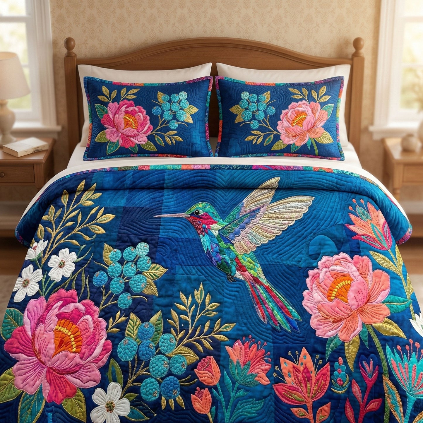 Royal Blue Bloom 3-Piece Quilted Bedding Set NCU0NT12732