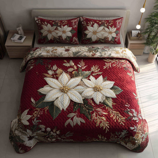 Ruby Poinsettia Garden 3-Piece Quilted Bedding Set NCU0HH339