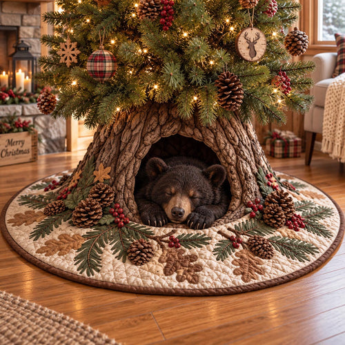 Rustic Bear Winter Den Christmas Quilted Tree Skirt NCU0DV10210