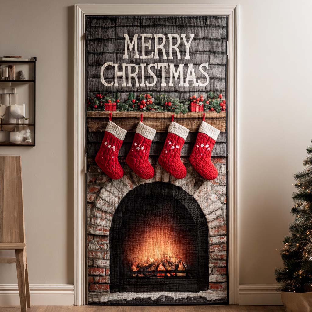 Rustic Brick Fireplace Quilted Door Cover NCU0XD2023