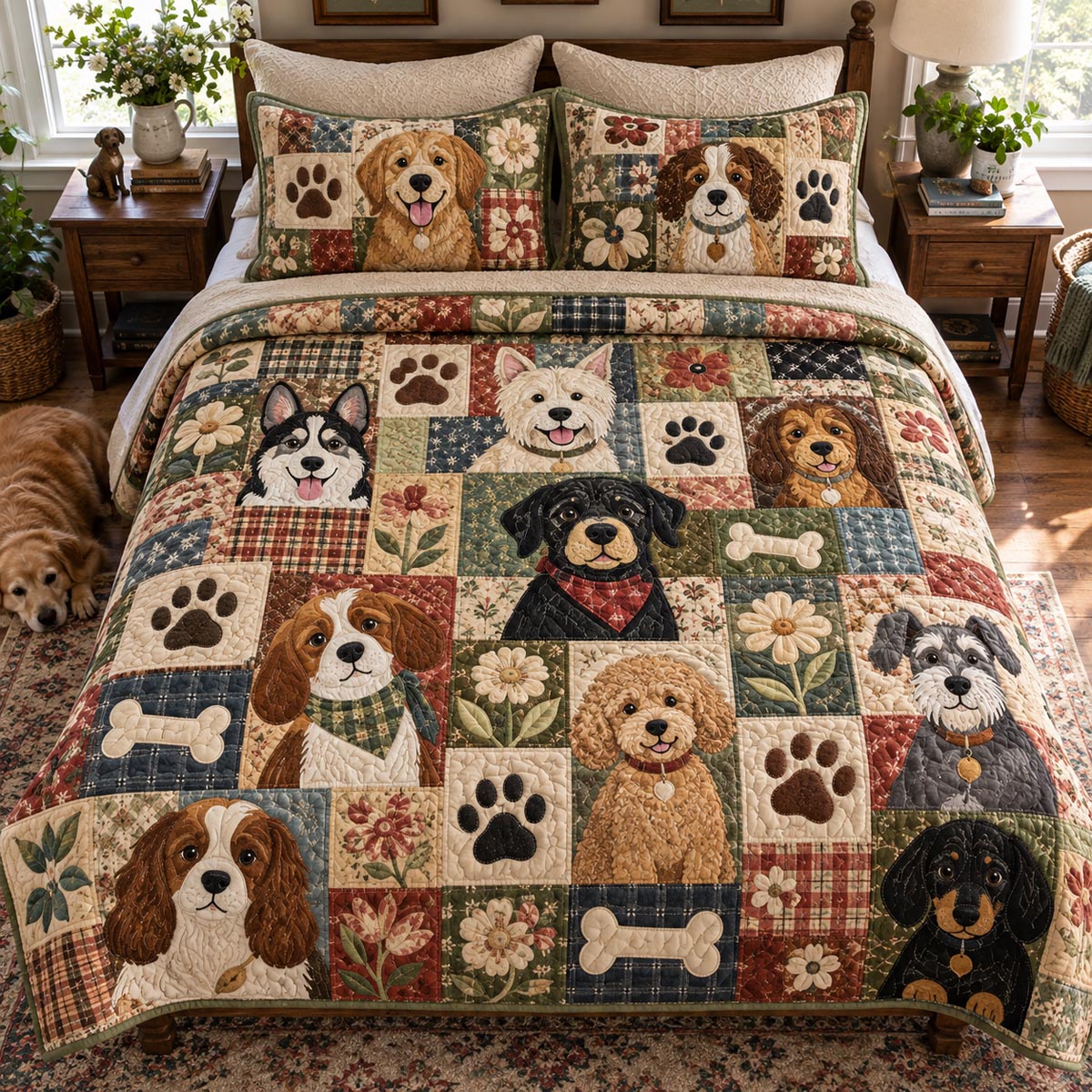 Rustic Dog Family 3-Piece Quilted Bedding Set NCU0DV10514