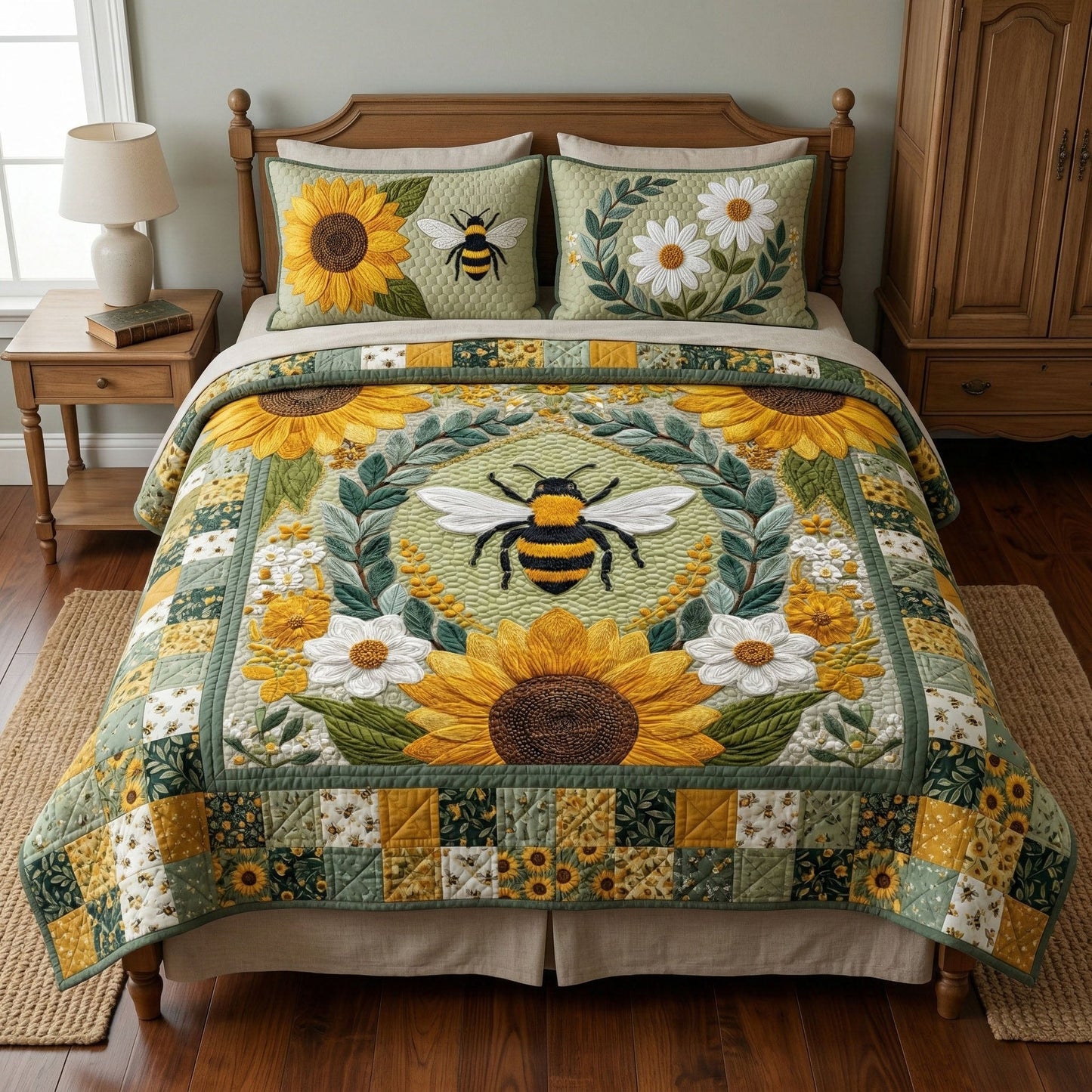Rustic Floral Hive 3-Piece Quilted Bedding Set NCU0NT12408