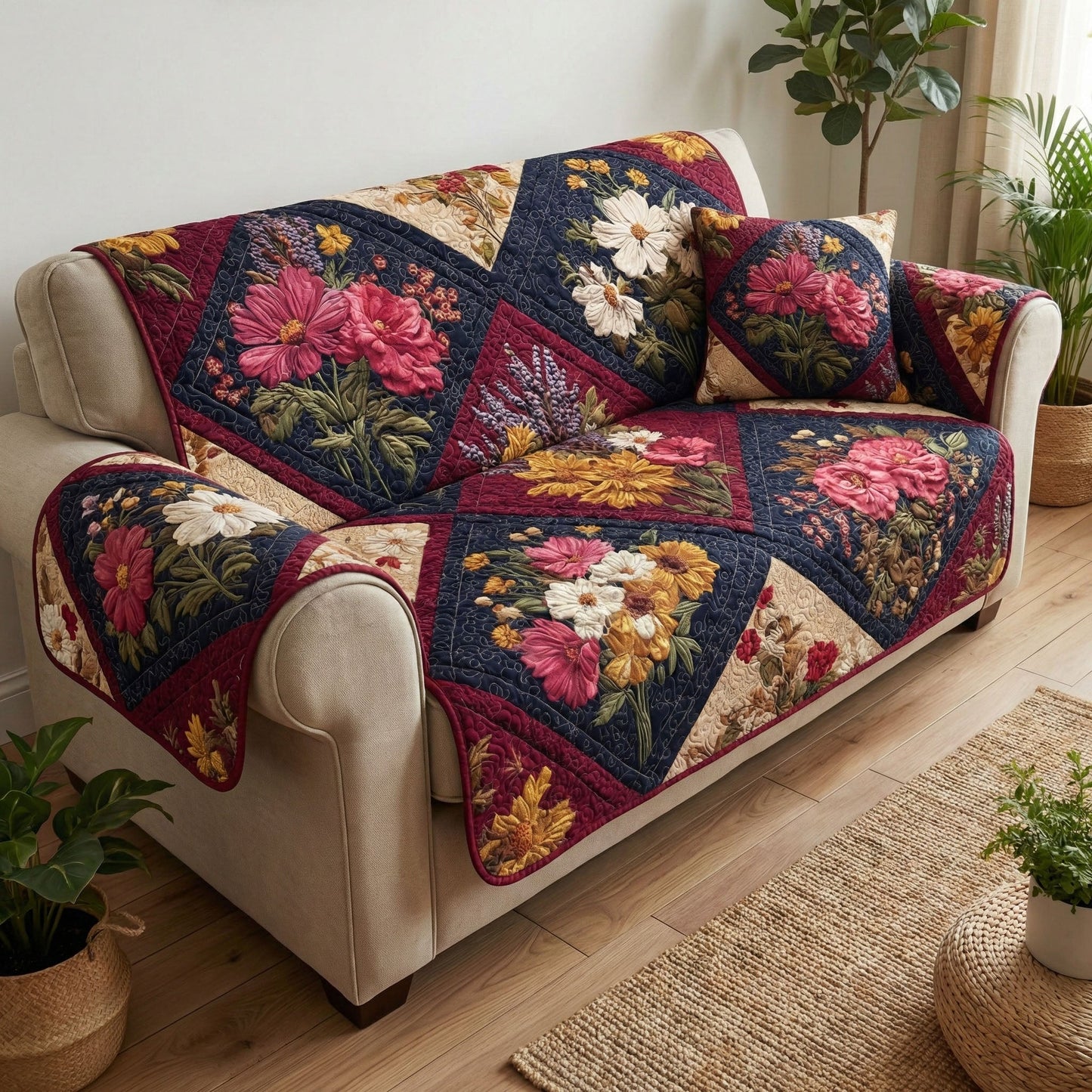 Rustic Floral Quilted Sofa Cover NCU0NT12353