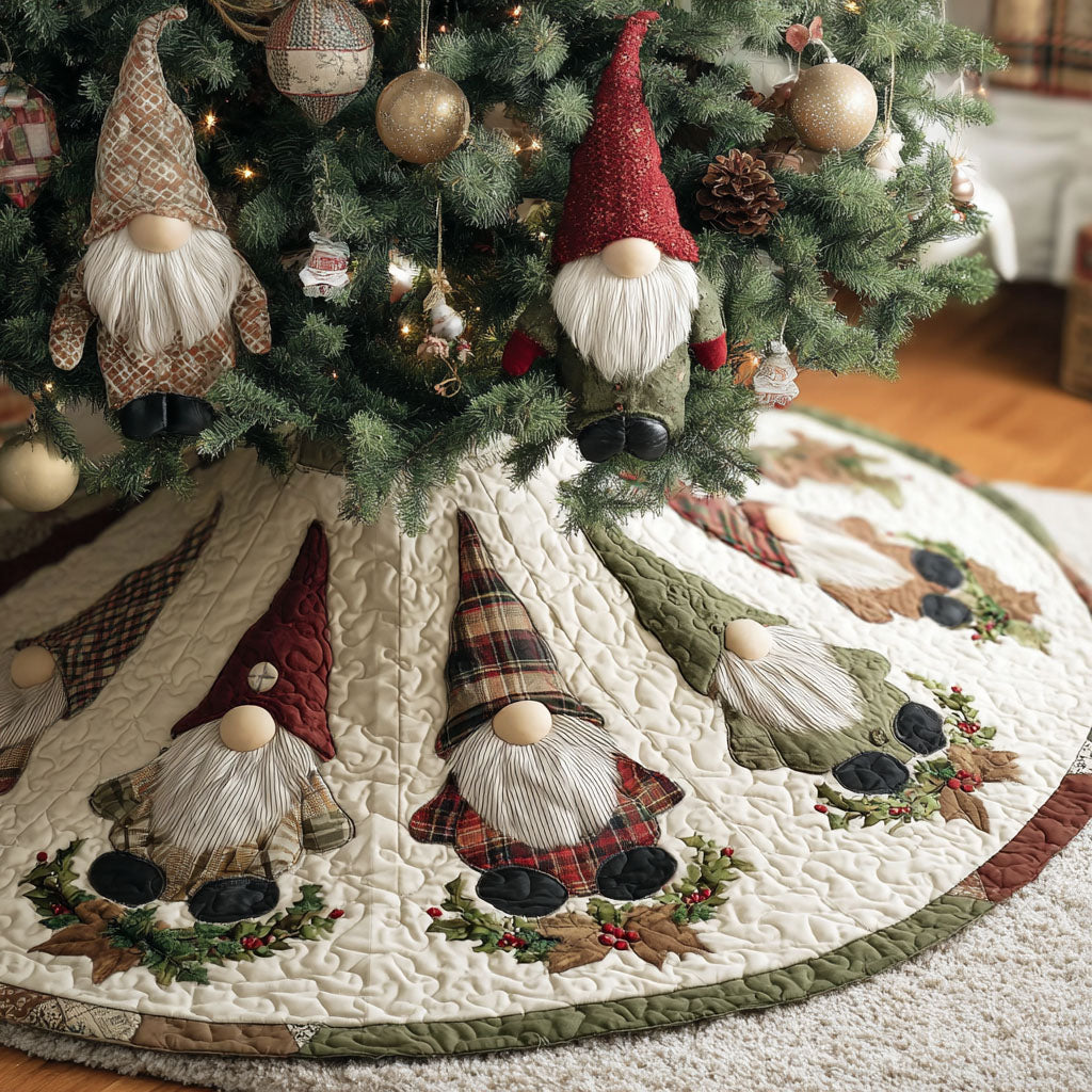 Rustic Holiday Gnomes Christmas Quilted Tree Skirt NCU0PT10635