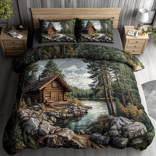 Rustic Log Cabin 3-Piece Quilted Bedding Set NCU0DK3573