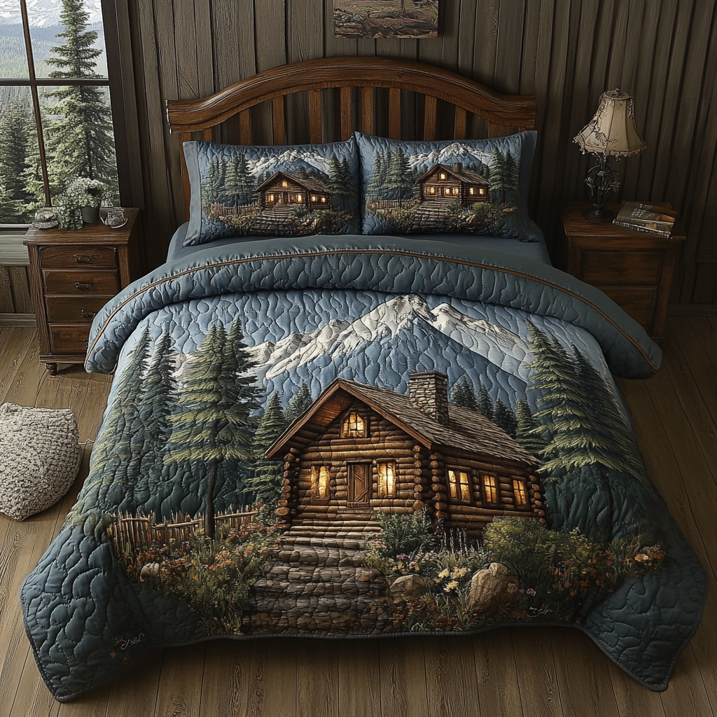 Rustic Log Cabin 3-Piece Quilted Bedding Set NCU0DK3671