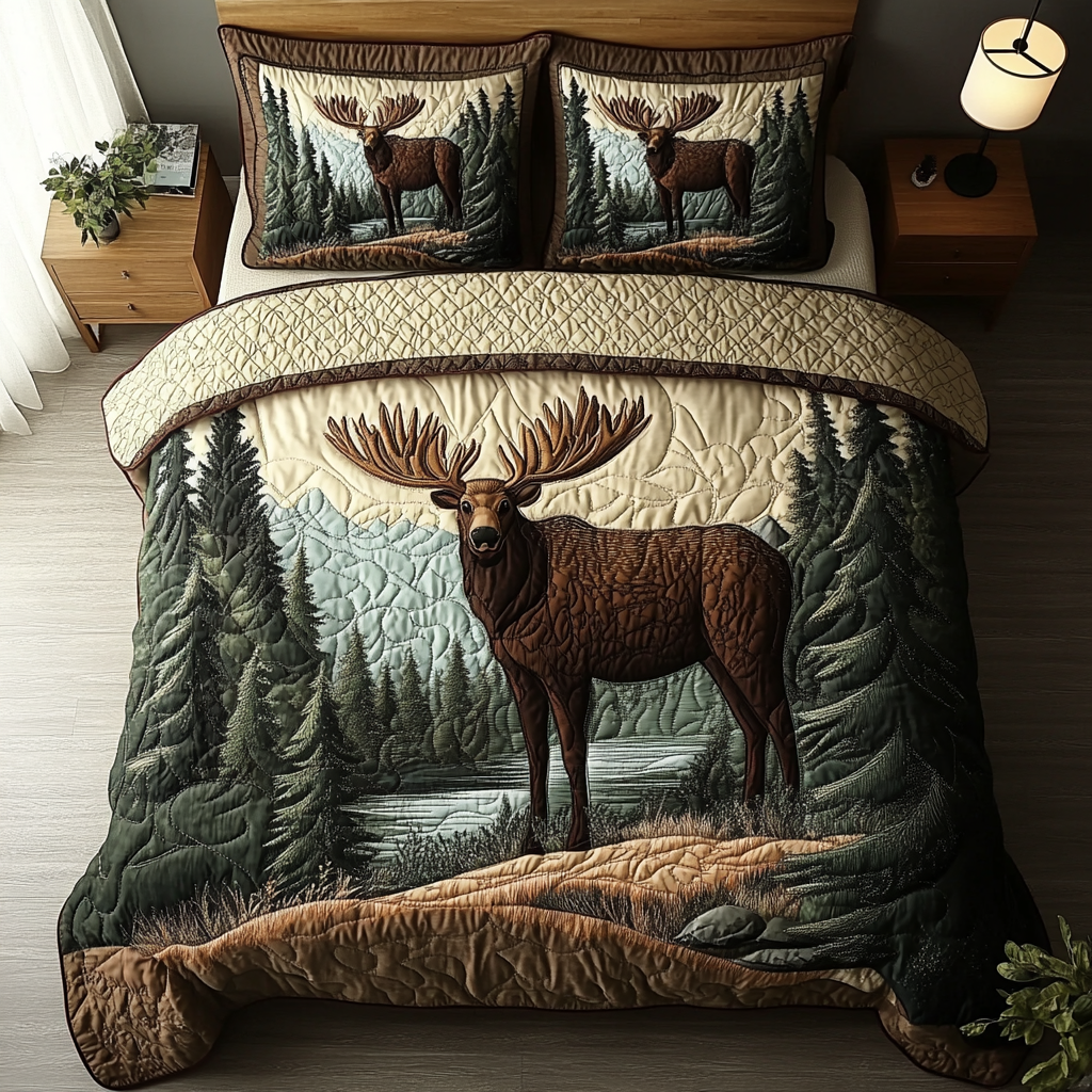 Rustic Moose 3-Piece Quilted Bedding Set NCU0DK7463