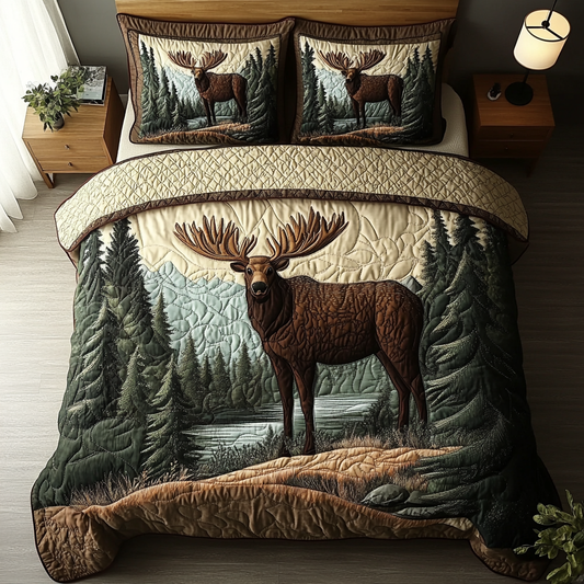 Rustic Moose 3-Piece Quilted Bedding Set NCU0DK7463