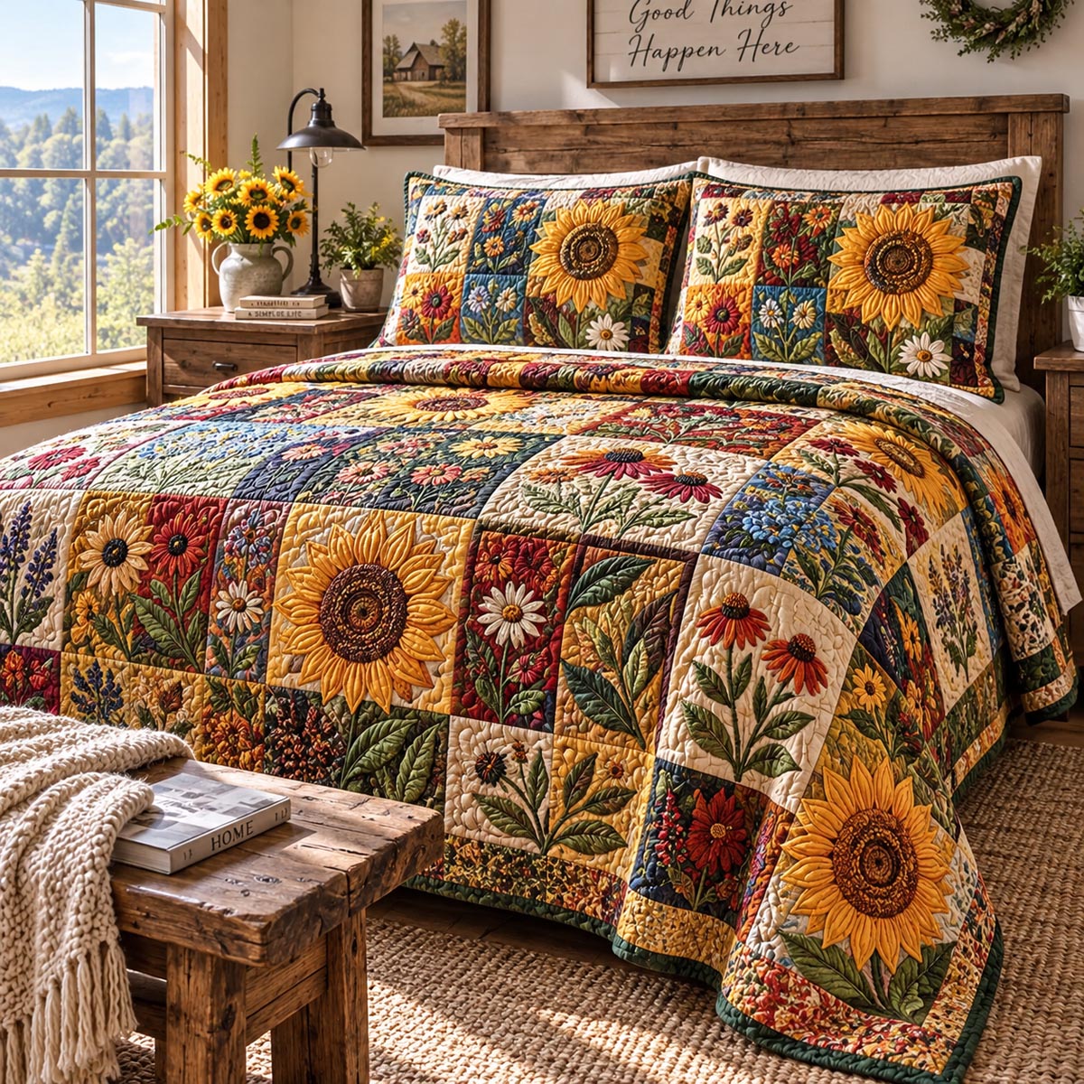 Rustic Sunflower Cottage 3-Piece Quilted Bedding Set NCU0DV10162