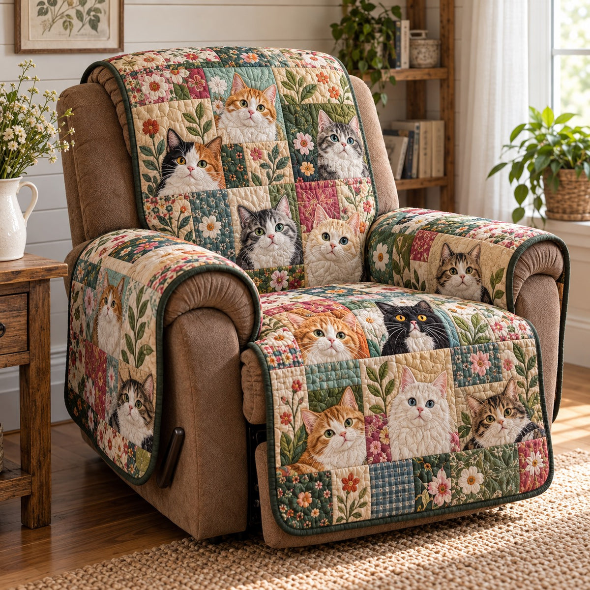 Sage Cat Cottage Quilted Sofa Cover NCU0PT12297