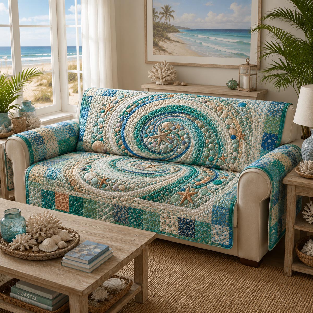 Saltwater Blooms Quilted Sofa Cover NCU0DV9818
