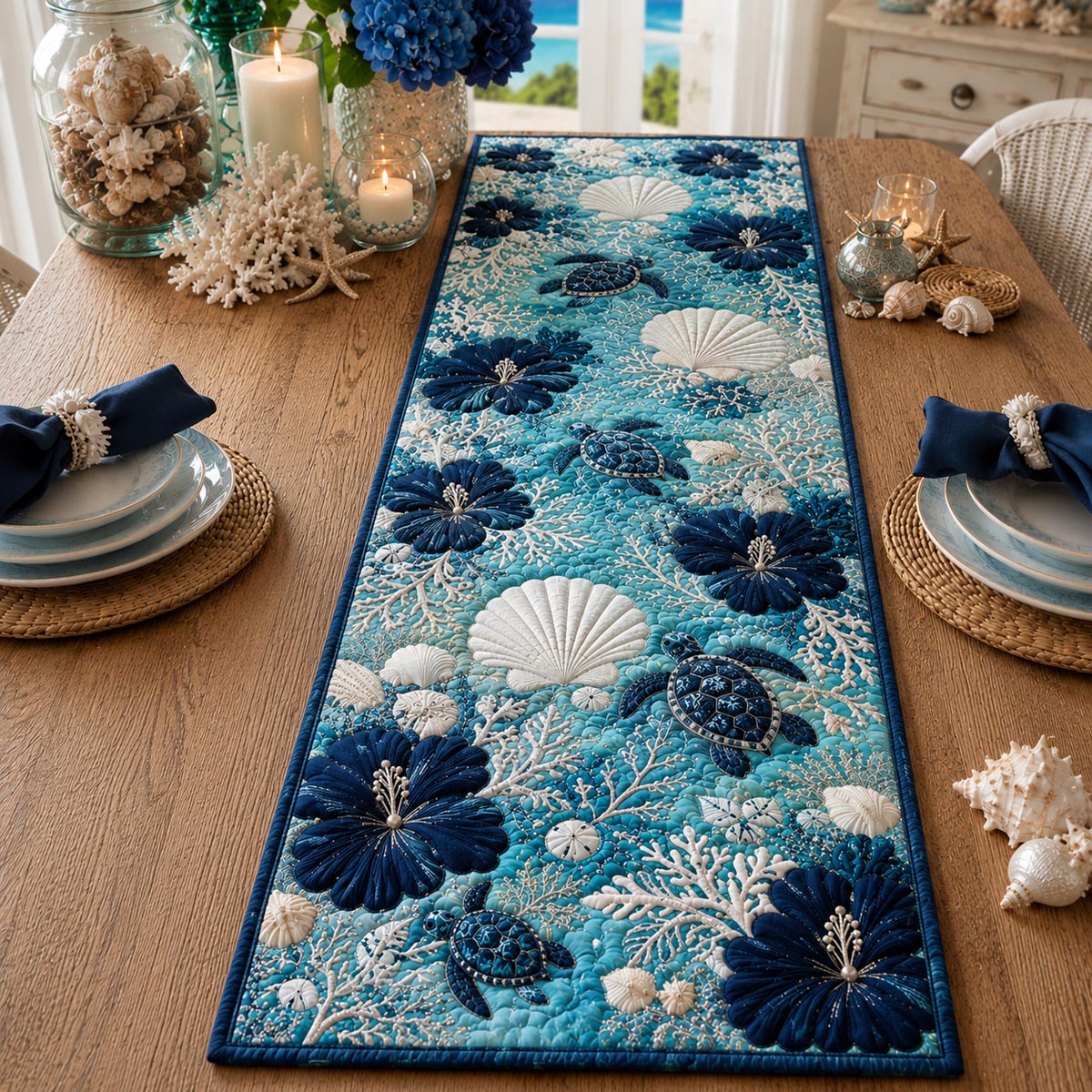 Saltwater Blooms Quilted Table Runner NCU0DV9803