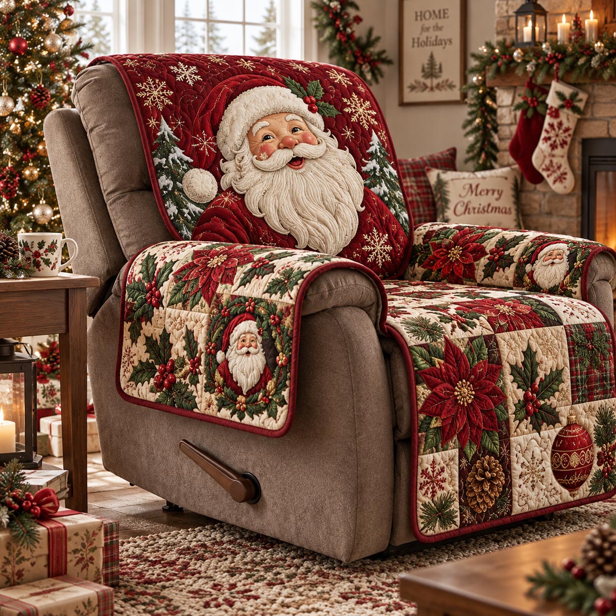 Santa Poinsettia Glow Quilted Sofa Cover NCU0DV10186