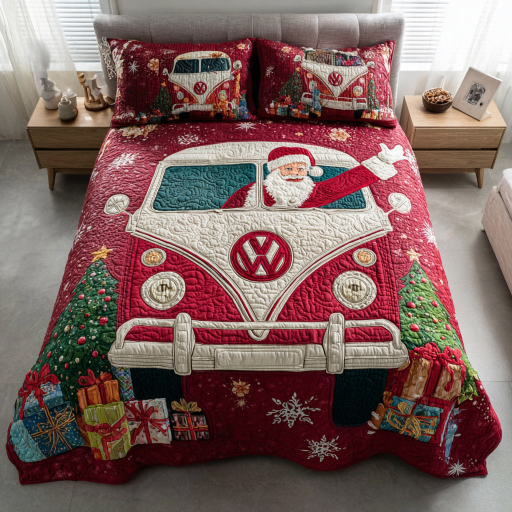 Santa Van Christmas 3-Piece Quilted Bedding Set NCU0HH869