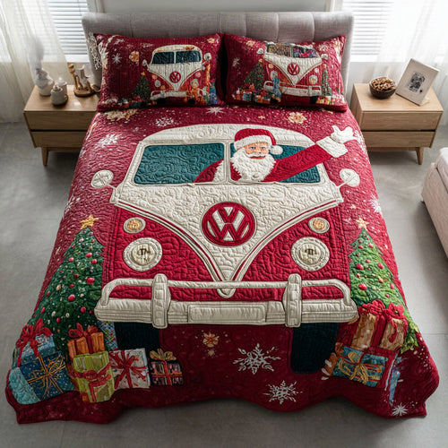 Santa Van Christmas 3-Piece Quilted Bedding Set NCU0HH869