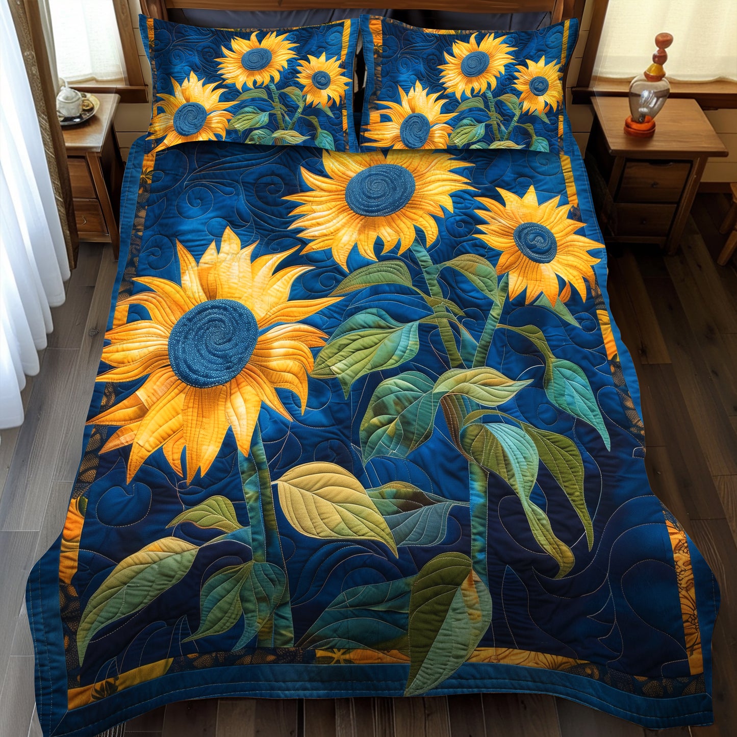 Sapphire Sunflower 3-Piece Quilted Bedding Set NCU0TH911