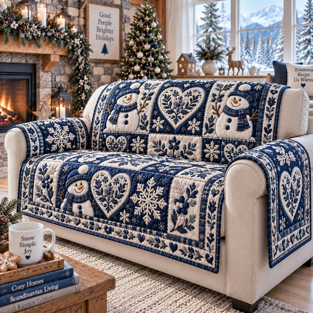 Sapphire Snowman Hearts Quilted Sofa Cover NCU0VL4039