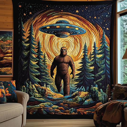 Sasquatch and UFO Cryptic Forest Quilted Blanket NCU0DV5805