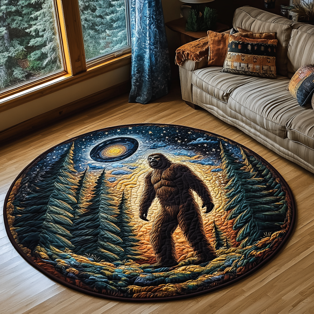 Sasquatch and UFO Cryptic Forest Quilted Round Mat NCU0DV5896