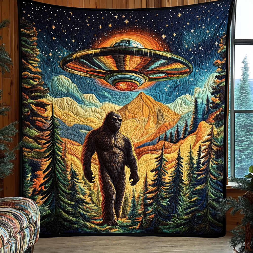Sasquatch and UFO Encounter Quilted Blanket NCU0DV5804