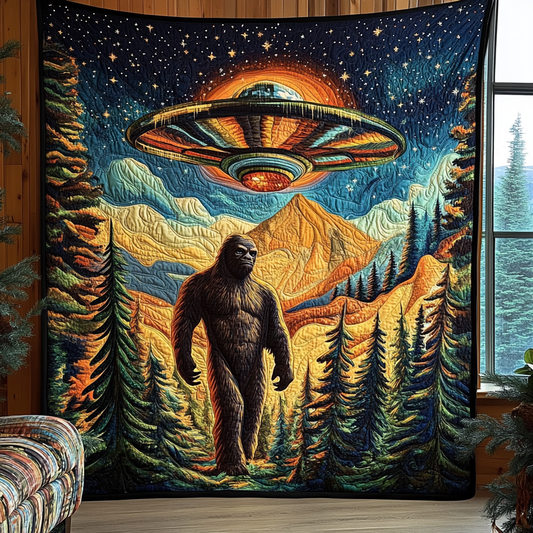 Sasquatch and UFO Encounter Quilted Blanket NCU0DV5804