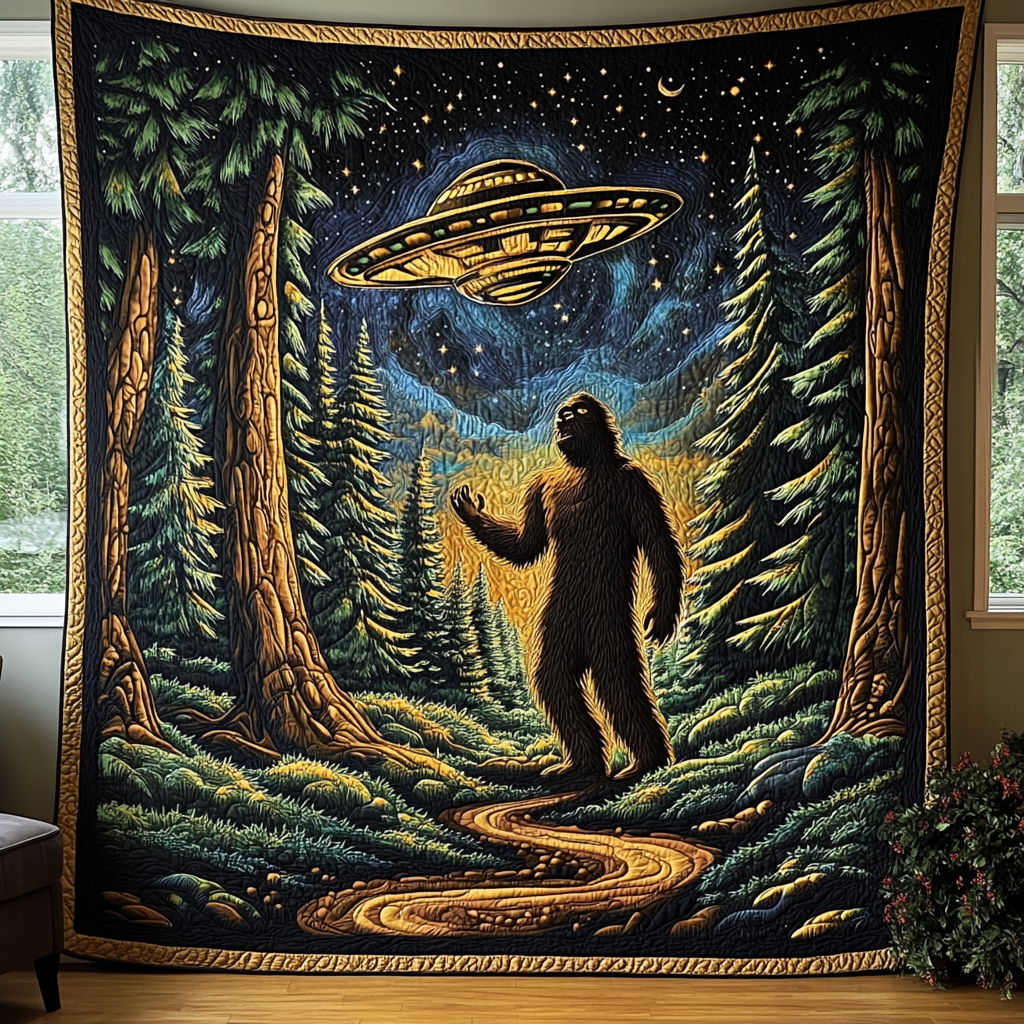 Sasquatch and UFO Glow Quilted Blanket NCU0DV5803