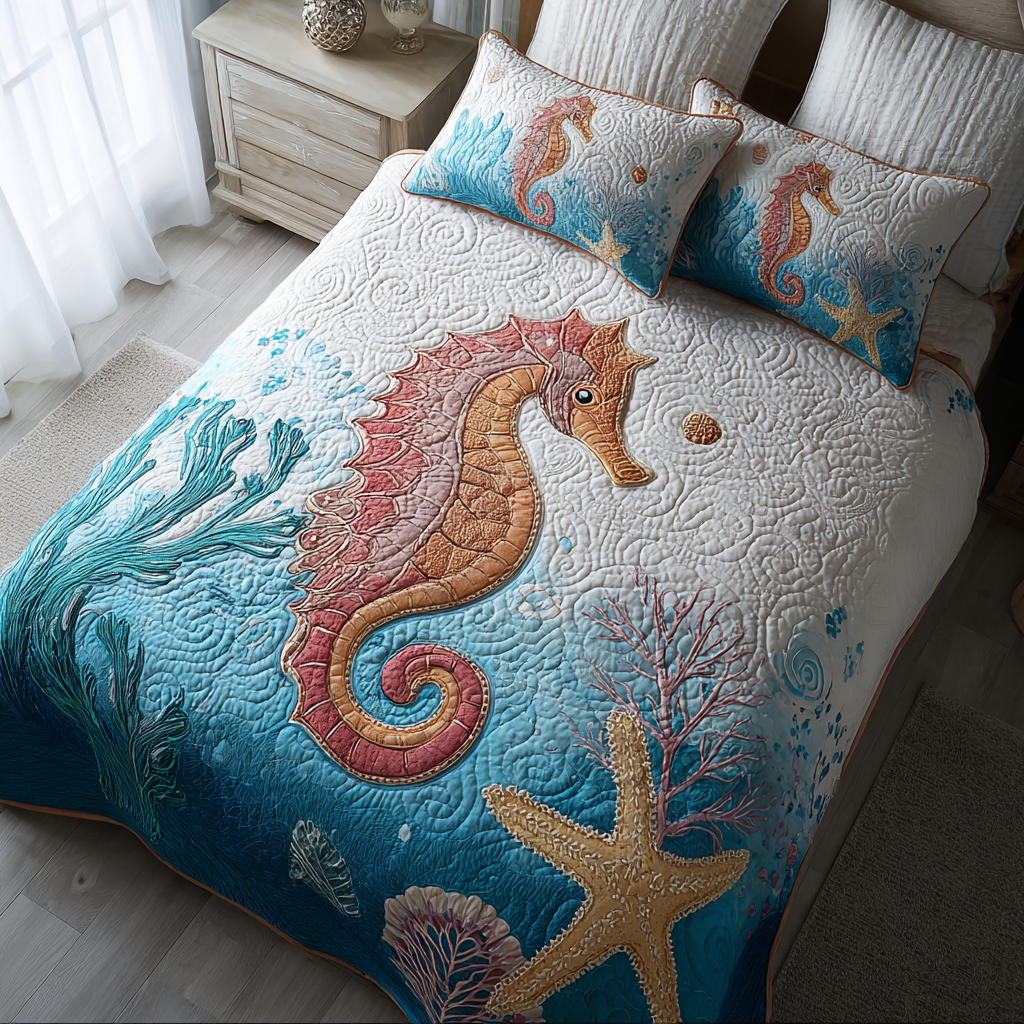 Sea Horse Adventure 3-Piece Quilted Bedding Set NCU0DK8284