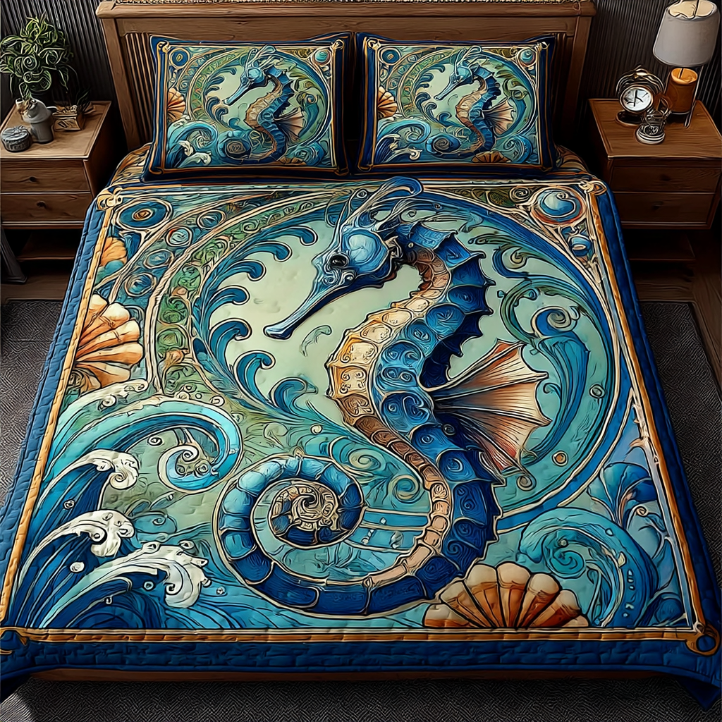 Sea Horse Waves 3-Piece Quilted Bedding Set NCU0DK8280